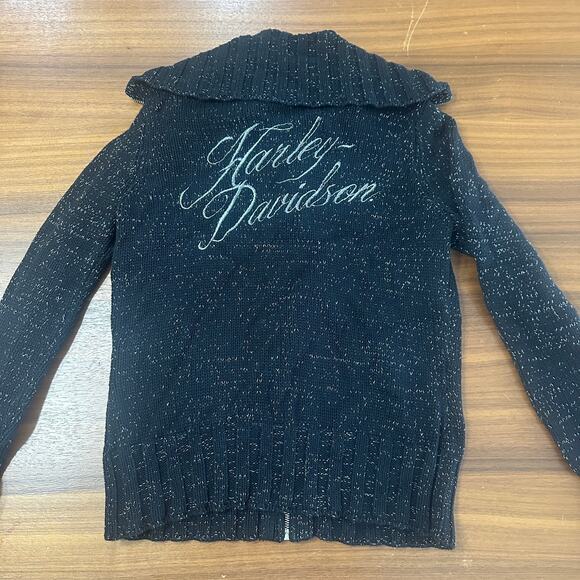 Harley Davidson Black/Silver Cotton Knit Sweater Zip Cardigan Embroidered, Large - Picture 2 of 9
